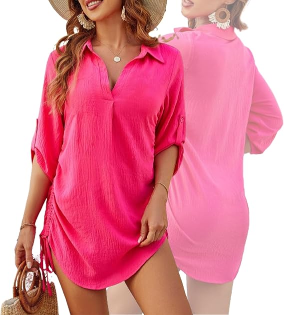 Drawstring Solid Color Beach Blouse,Women's Side Drawstring Solid Color Shirt Beach Cover Up