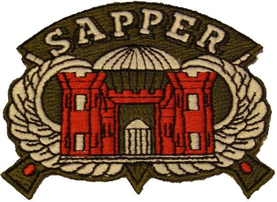 SAPPER with CASTLE and JUMP WINGS PATCH - Red and White on Olive Green Background - Veteran Owned Business