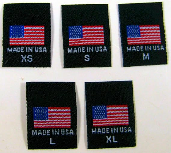 250 PCS Black Woven Clothing Sewing Garment Labels Size TAG - Made in USA American Flag - XS, S, M, L, XL (50pcs Each)