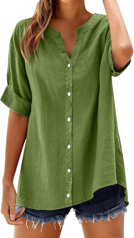 Plus Size Spring Clothes Summer Linen Tops for Women 2026 Loose Fit Boho Button Up Shirts for Women Collared Blouse Linen Tops Womens Clothing Green 4X-Large