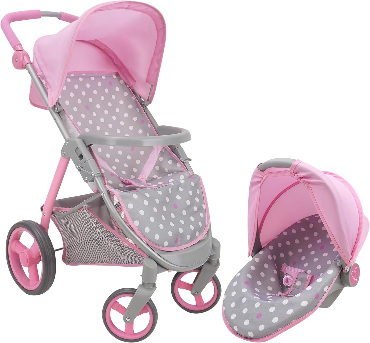 509 Crew: Cotton Candy Pink: Doll Travel System - Pink, Grey, Polka Dot -for Dolls Up to 18, Foldable, Retractable Canopy, Kids Pretend Play, Ages 3