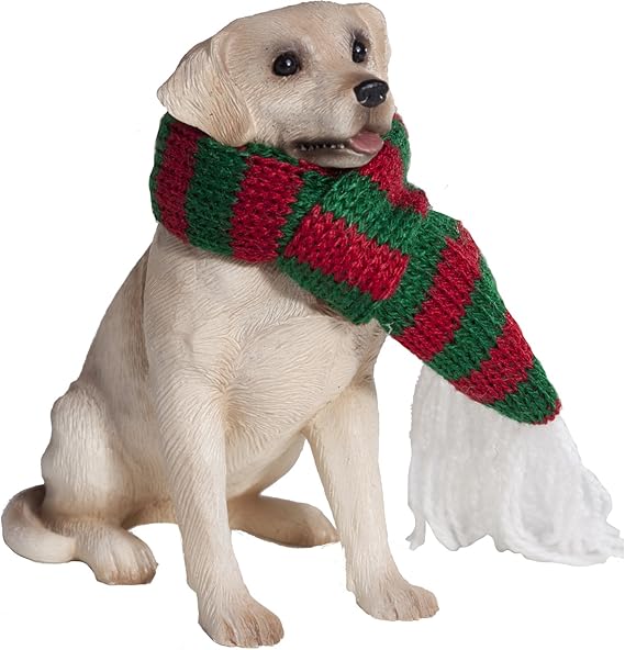 Sandicast Yellow Labrador Retriever with Red and Green Scarf Christmas Ornament