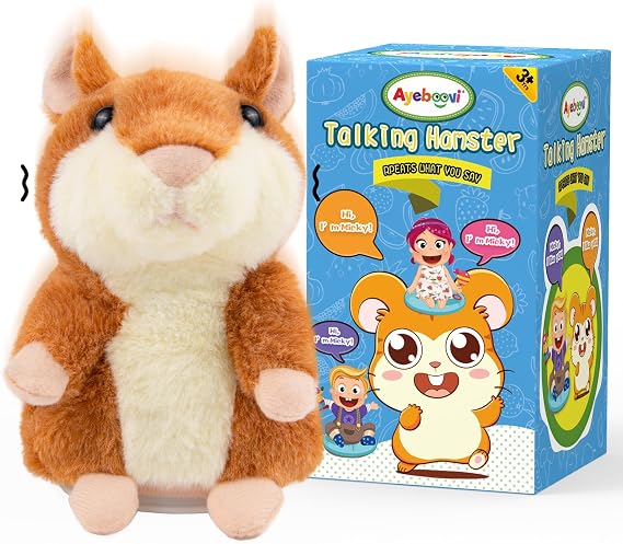 Ayeboovi Talking Hamster Repeats What You Say, Plush Toy for Toddler & Kids | Birthday Gifts for 3-6 Year Old Girls & Boys, Stuffed Animals for Learning, Interactive, Sensory & Companion, Brown