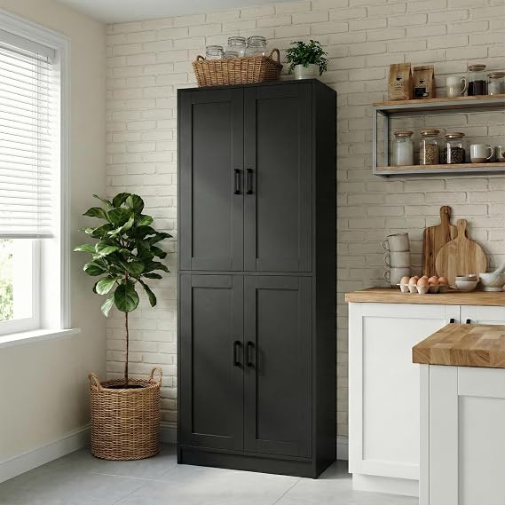 DIYART 71" Tall Kitchen Pantry Cabinet, Freestanding Food Storage Organizer with Doors & Adjustable Shelves, Large Utility Hutch Cupboard for Dining Room, Living Room, Bathroom & Home Offic, Black
