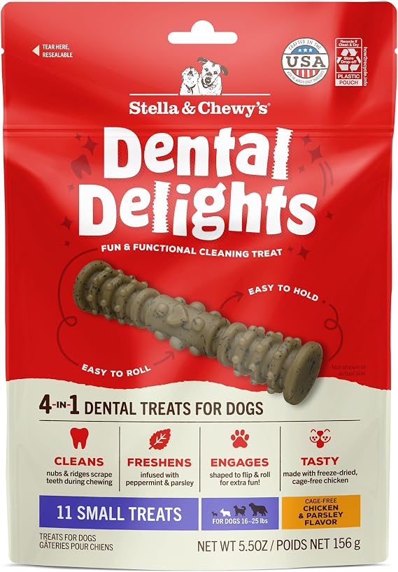 Stella & Chewy's Dental Delights - Freeze-Dried Raw Chicken Dental Treats for Small Dogs - Teeth Cleaning & Breath Freshening Chews with Ridges & Nubs - Made in USA - 5.5 oz - 11 Small Treats