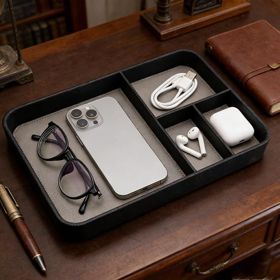 Leather Valet Tray,Modern Desk & Entryway Storage Tray, Practical Catchall Organizer for Daily Accessories for Keys, Phone, Wallet, Watch and Jewelry