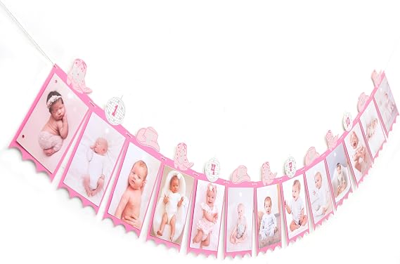 1st Birthday Photo Banner - New Born to 12 Month Cow Print Western Cowgirl Party Decorations Let's Go Girls Disco One Cowgirl Last Rodeo Bachelorette Theme Party Supplies Pictures Props