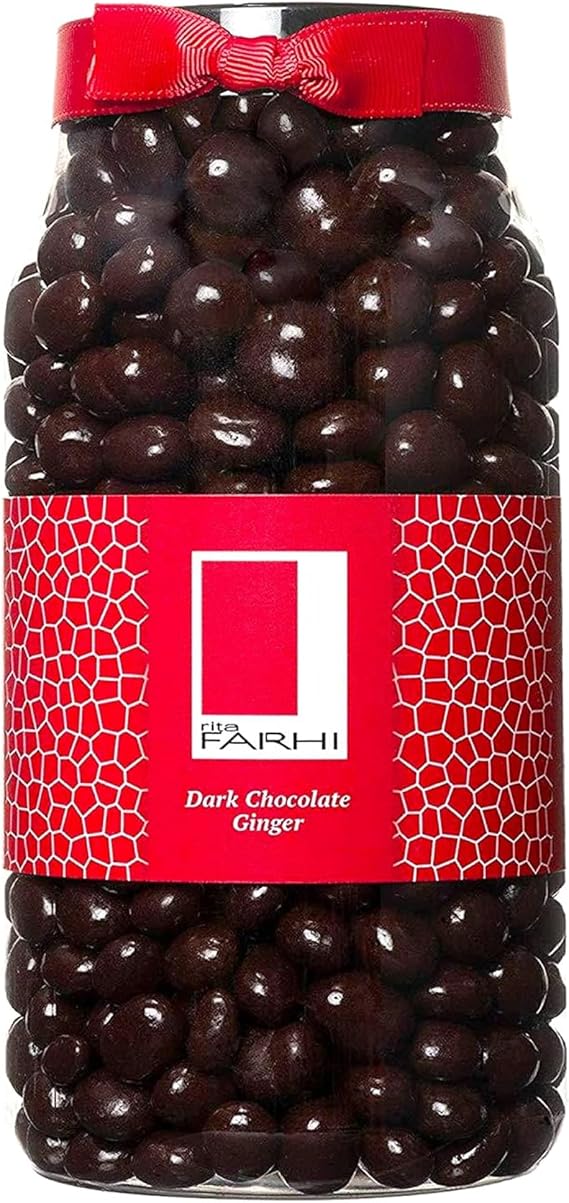 Rita Farhi Dark Chocolate Covered Ginger Luxury Gift Jar 850g – Belgian Chocolate Coated Crystallised Stem Ginger, Vegan, Palm Oil Free Recipe