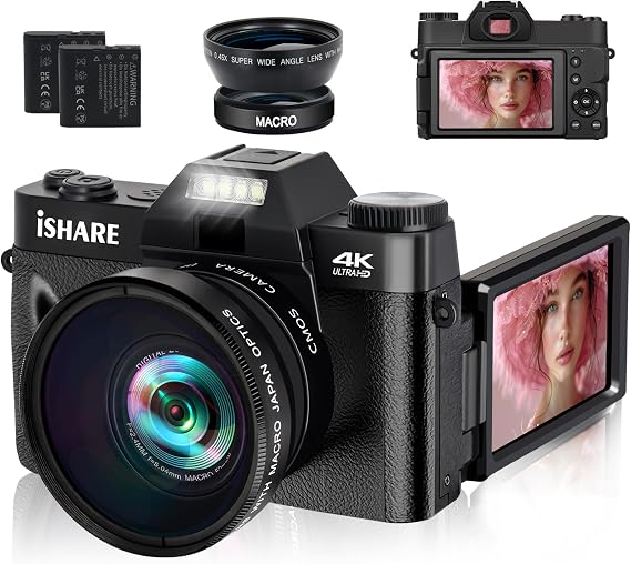 4K 56MP Vlogging Camera for YouTube, 16X Zoom Anti-Shake for Beginners