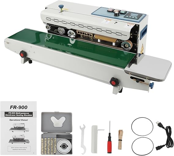 FR900 Continuous Band Sealer Machine, Horizontal Automatic Bag Band Sealing Machine 110V for PVC Bags Films w/Digital Temperature Control