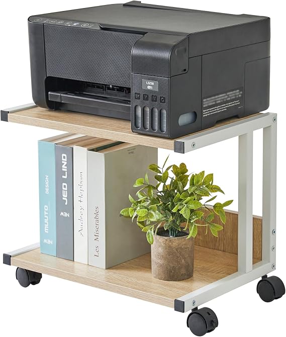 IBUYKE Under Desk Printer Stand,2 Tier Printer Cart,Mobile Home Desktop Organizer Shelf with 4 Wheels,for Fax, Home Office Use TLJ007R
