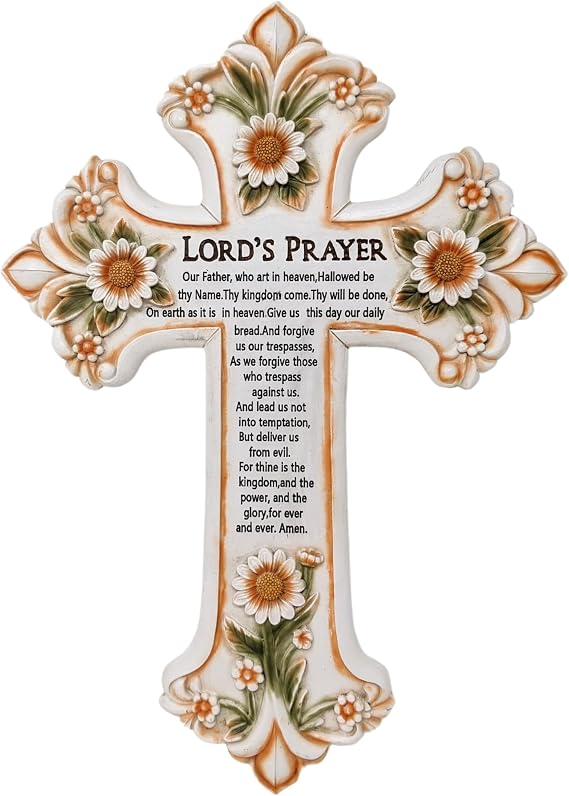 AMAJY Cross with Flower and Lord's Prayer - Religious Resin Wall Art Panel | Spiritual Christian scripture decor plaque, hanging crucifix gift for home living room, bedroom, office desk, or prayer room