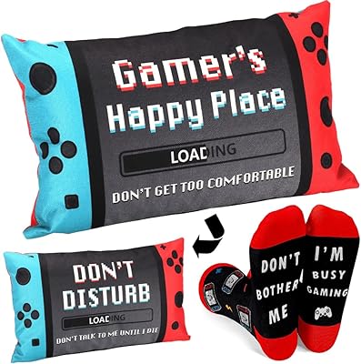 Gamer Gifts for Teenage Boys, Easter Basket Stuffers for Teens, Gaming Dad Gift, Gaming Gifts for Men Brother Uncle Boyfriends, A Pair of Gamer Socks  One Throw Pillow Covers