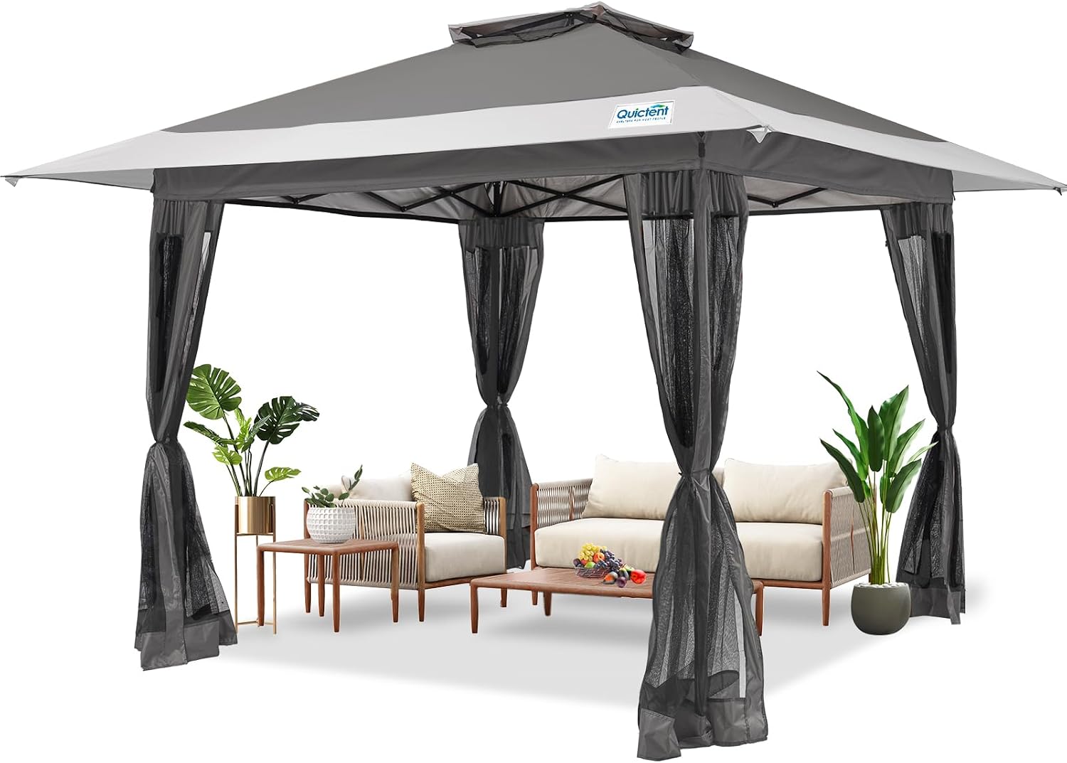 Quictent 13'x13’ Pop up Gazebo with Mosquito Netting, One Person Set up Outdoor Canopy Tent, Ez up Screened House Tent Shelter Vented for Patio, Backyard or Outdoor Gray