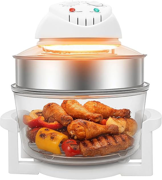 18Qt Large Glass Air Fryer 360 Viewable Halogen & HotAir Circulation Cooker, 12001400 W, Precise Temp Control (0250C), Includes Dual Racks, Expansion Ring & Tong for Family Meals
