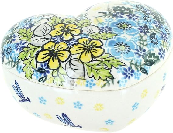 Blue Rose Polish Pottery - Yellow Alyssa Large Heart Box - 5.5" x 5" - Hand-Painted Polish Pottery Ceramic Jewelry, Trinket & Keepsake Storage Box with Lid