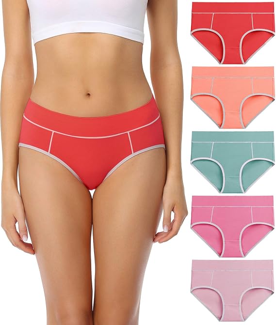 wirarpa Women's Cotton Underwear Stretch Mid Waisted Briefs Ladies Panties 5 Pack