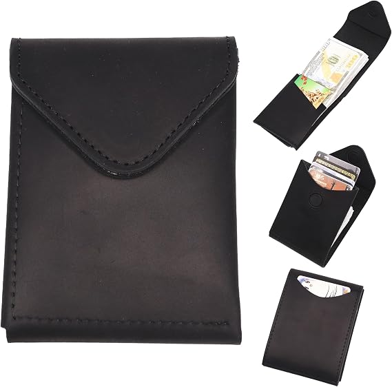 Slim Cash Wallet for Men - Minimalist Card Hoder - Flap Magnetic Closure - Full Grain Leather (Black)