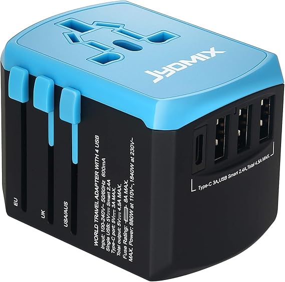 All in One Universal USB Travel Power Adapter with 3 USB Port and Type-C International Wall Charger Worldwide AC Power Plug 8 Pin AC Socket for Multi-Nation Travel UK, EU, AU, Asia