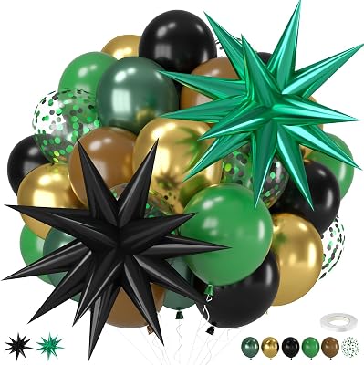 Green and Brown Balloons, 12 Inch Dark Green Black Metallic Green Gold Balloon with Star Foil Balloon for Boys Camping Jungle Safari Theme Birthday Baby Shower Party Decorations