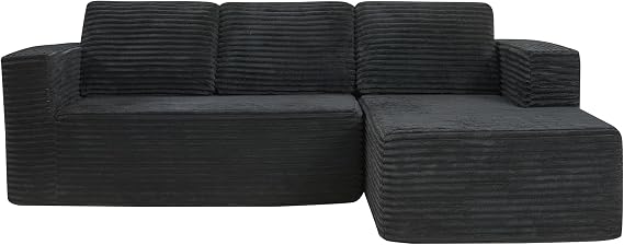 Panana L-Shape Right Corner Boneless Sofa,Modular Sectional Chaise Lounge, Boneless Couches,Corduroy Fabric Sofa Bed for Living Room – No Assembly Required (Black, Right Chaise)