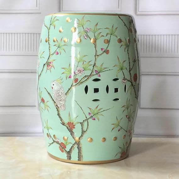 Ceramic Garden Stool, Decorative Garden Stool, Ceramic Drum Garden Stool, Decorative Garden Stool Glazed, Flower and Bird Design, for Living Room, Balcony, Garden(Green A)