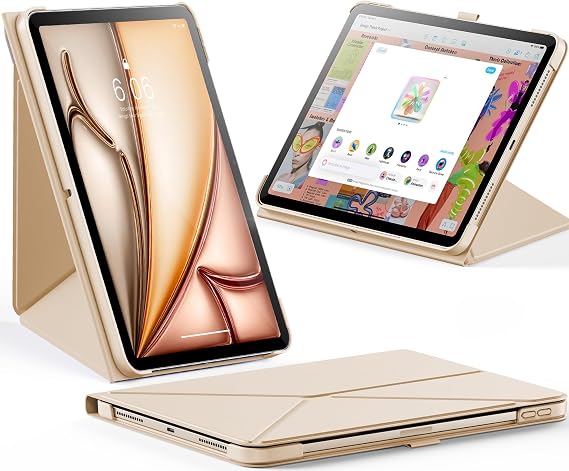 INFILAND Case for iPad Air 11-inch M3/M2 (2025/2024), iPad Air 5th/4th Gen (2022/2020), Slim Foldable Book-Style Cover with Pencil Holder, Multi-Angle Magnetic Stand, Auto Wake/Sleep - Light Gold