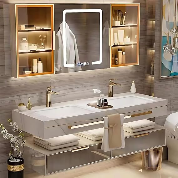 92IN Luxury Bathroom Vanity with Sink - Double Bathroom Vanity with Smart LED Defogging Mirror & Side Cabinet Storage | 2 Drawers & Gold Handles & Metal Frame