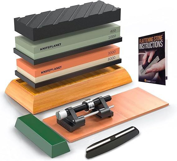 Premium Knife Sharpening Stone Set 400/1000 and 3000/8000-Grit Professional, Safe Knife Sharpener Set Whetstone Set Includes Flattening Stone, Bamboo Base, and 2 Nonslip Rubber Bases Tan
