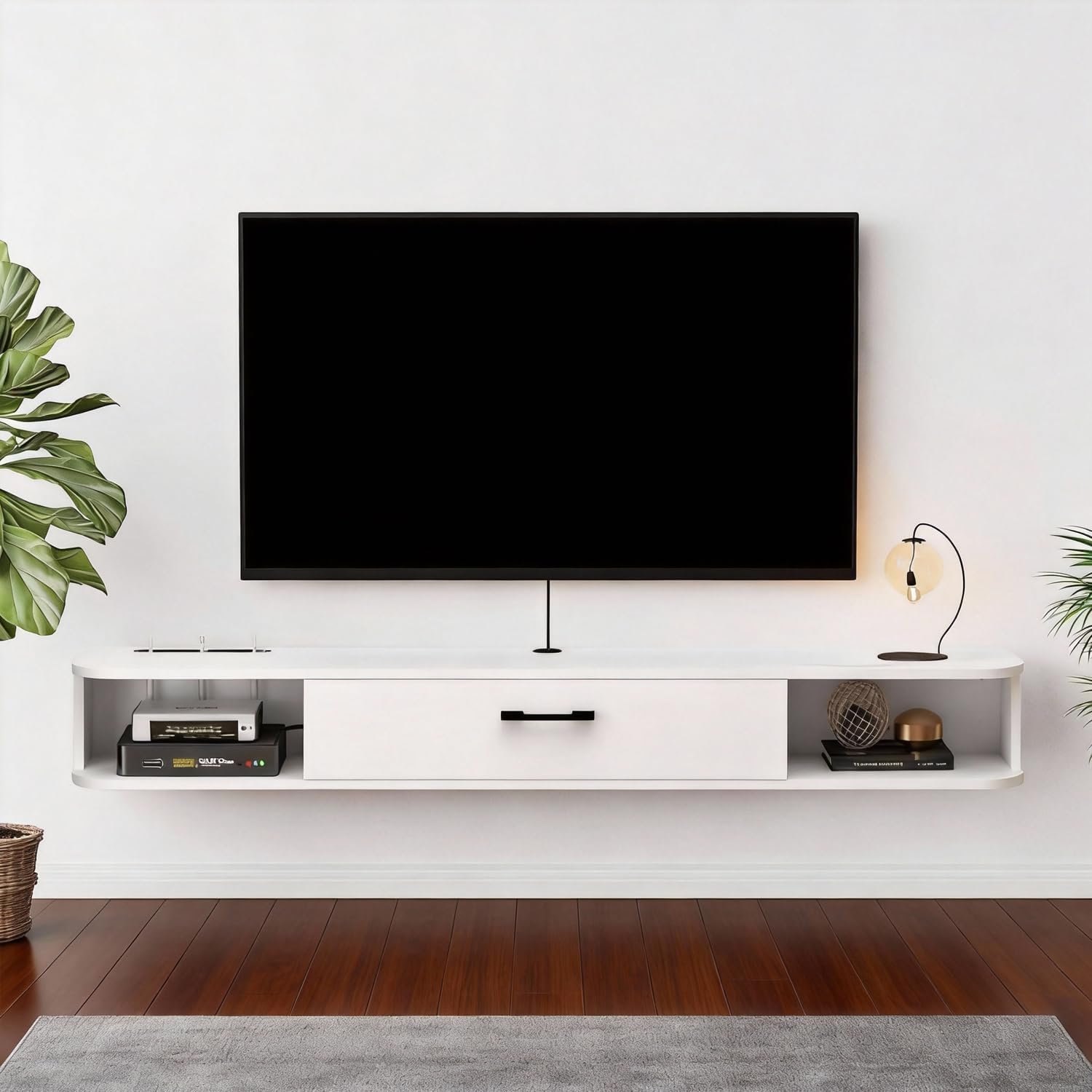 Pmnianhua Floating TV Unit, Wall Mounted TV Cabinet, Floating Shelves with Drawer, Modern Entertainment Media Console Center Large Storage TV Bench for Living Room & Office 140cm, White