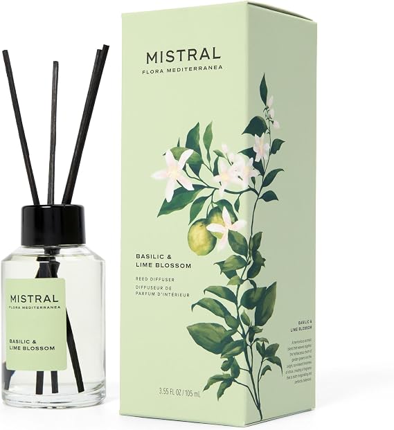 Mistral Basilic & Lime Blossom Reed Diffuser Luxury Basil & Lime Blossom Scent Diffuser for Home, Office, Bathroom | 100% Oil-Based & Alcohol-Free, Long-Lasting with Natural Reed Sticks (3.5 fl oz)