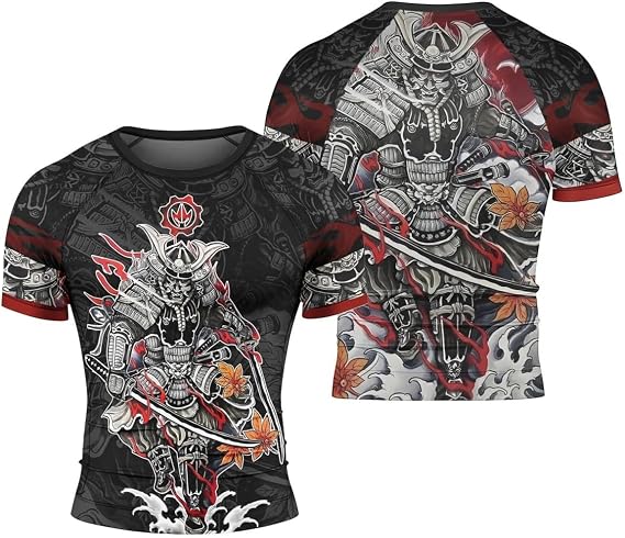 Samurai Warrior Men's Rash Guard Shirts Short Sleeve, Baselayer Compression Shirt for Jiu Jitsu MMA