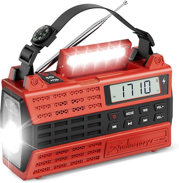 Emergency Crank Radio, 5000mAh Solar Hand Crank Radio, AM/FM/NOAA Weather Radio with Bluetooth, 3 Mode Flashlight,Reading Lamp for Emergency& Camping Red