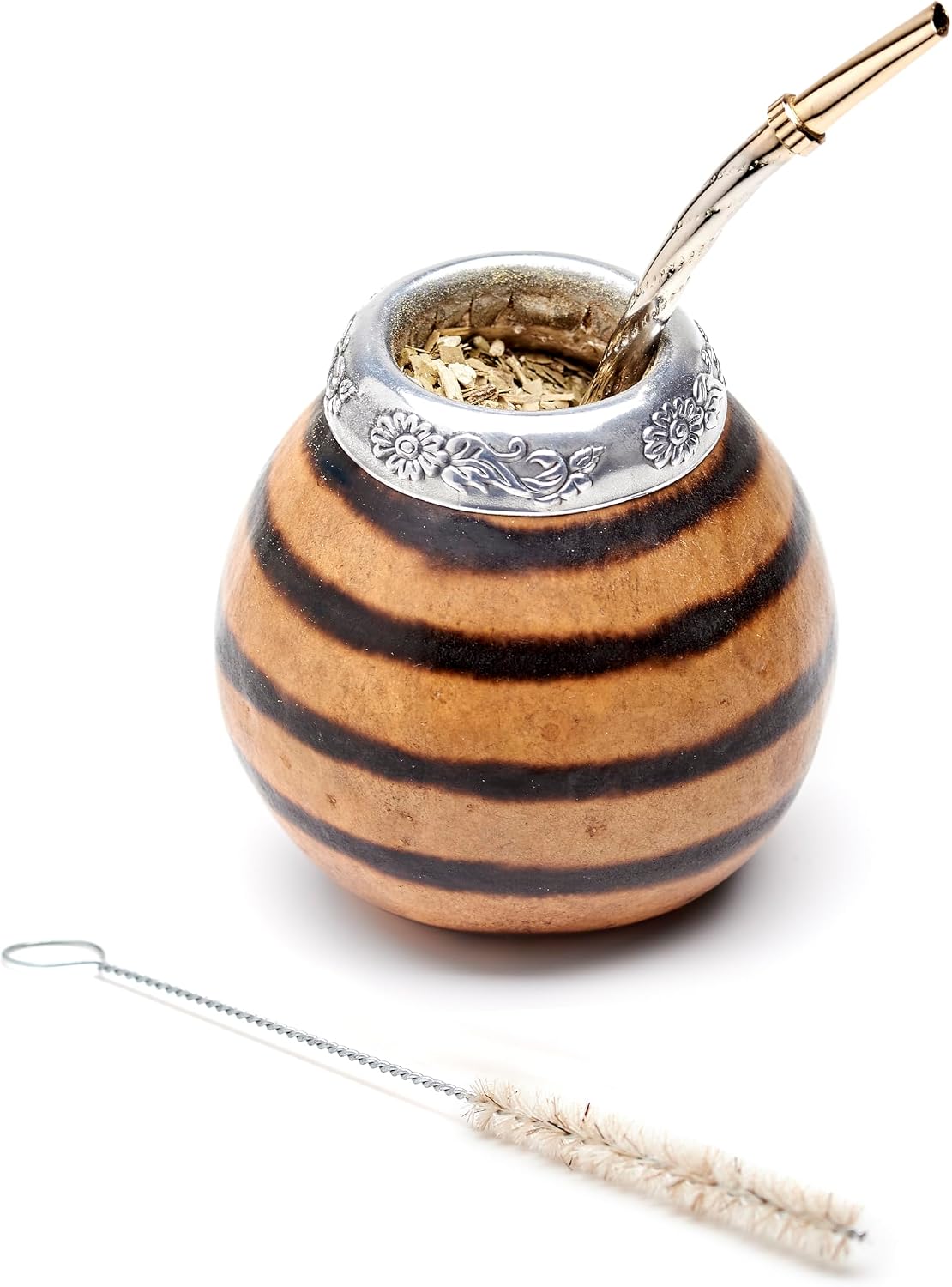 BALIBETOV Yerba Mate Gourd Set Original Natural Handmade Yerba Mate Cup Argentina - Includes Mate Tea Cup, Bombilla Mate Straw and Clean Brush - Classic Mate Cup and Bombilla Set 01