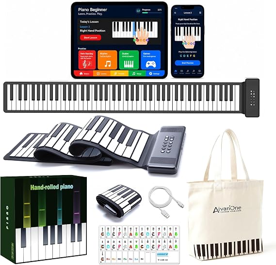 AIVANONE 88 Key Roll Up Piano keyboard Wireless APP | Foldable Design, Rechargeable Battery, Full-Size Keyboard Layout, Easy Storage and Carrying, Ideal for Beginners