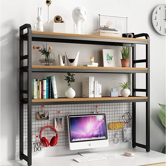 Desk Hutch Dorm, Desktop Bookshelf, 2-Tier/3-Tier Book Shelf For Office, Multipurpose Countertop Display Shelf Adjustable Metal Rack Organizer For Home Dorm Office Supplies ( Color : Black , Size : 3-