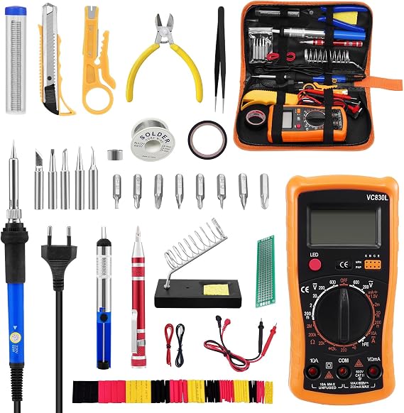 Lehim havyası seti 60W, 30'u 1 arada lehim havyası kiti, elektronik LCD ayarlanabilir sıcaklık 200-450°C, lehim teli, dijital multimetre, 5 lehim ucu, havya standı, elektrik mühendisliği için lehim