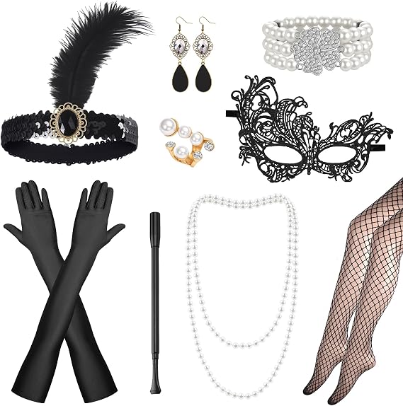 1920s Flapper Accessories Set for Women, Roaring 20s Accessories with Headband, Pearl Necklace, Earrings, Gloves, Lace Mask & Fishnet Stockings for Retro Great Gatsby Party
