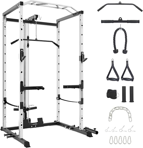 GarveeLife Power Cage, Multi-Function Squat Rack with LAT Pulldown, 1600 LBS Weight Capacity Fitness Power Rack with Cable Pulley System and j-Hooks, Dip Bars and Landmine Attachment for Home Gym