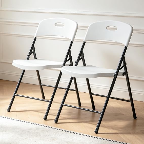 Folding Chairs 2 Pack,350 lbs Heavy Duty Metal Frame Plastic Foldable Chair,Ergonomic Portable Folding Chair, Indoor Outdoor Commercial Seating for Patio Party Wedding Camping,White