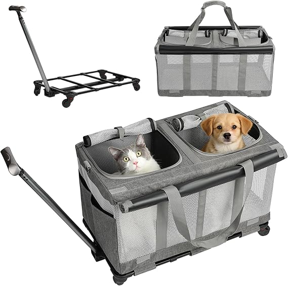 Double Compartments Large Cat Carrier, Pet Carrier with Wheels | 2-in-1 Detachable Partition 60*35*33cm Foldable Cat Carrier for 2 Cats, Rolling Bag for Cat/Dog for Camping,Traveling,Walking