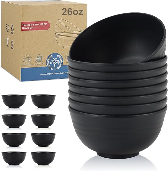 Wrova Cereal Bowls Plastic Bowls Set 26 OZ - Lightweight Bowl Set 8 PCS | Reusable Plastic Bowl Unbreakable Bowl for Camping, Picnic Dishwasher & Microwave Safe Soup Bowls - Black