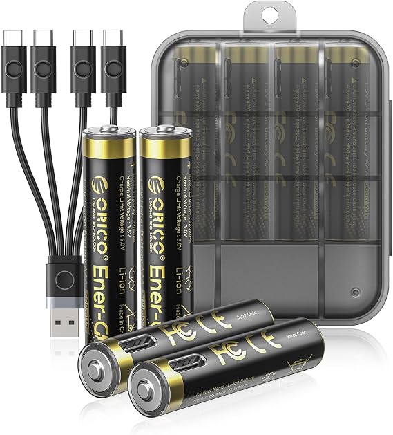 ORICO Ener-G Lithium-ion Battery Rechargeable AAA Batteries 4-Pack 1.5V Constant Output, 500mWh, 1 Hour Fast Charging with Type-C Cable, 1500x Cycles Long Lasting for Remote Control/Electronic Toys