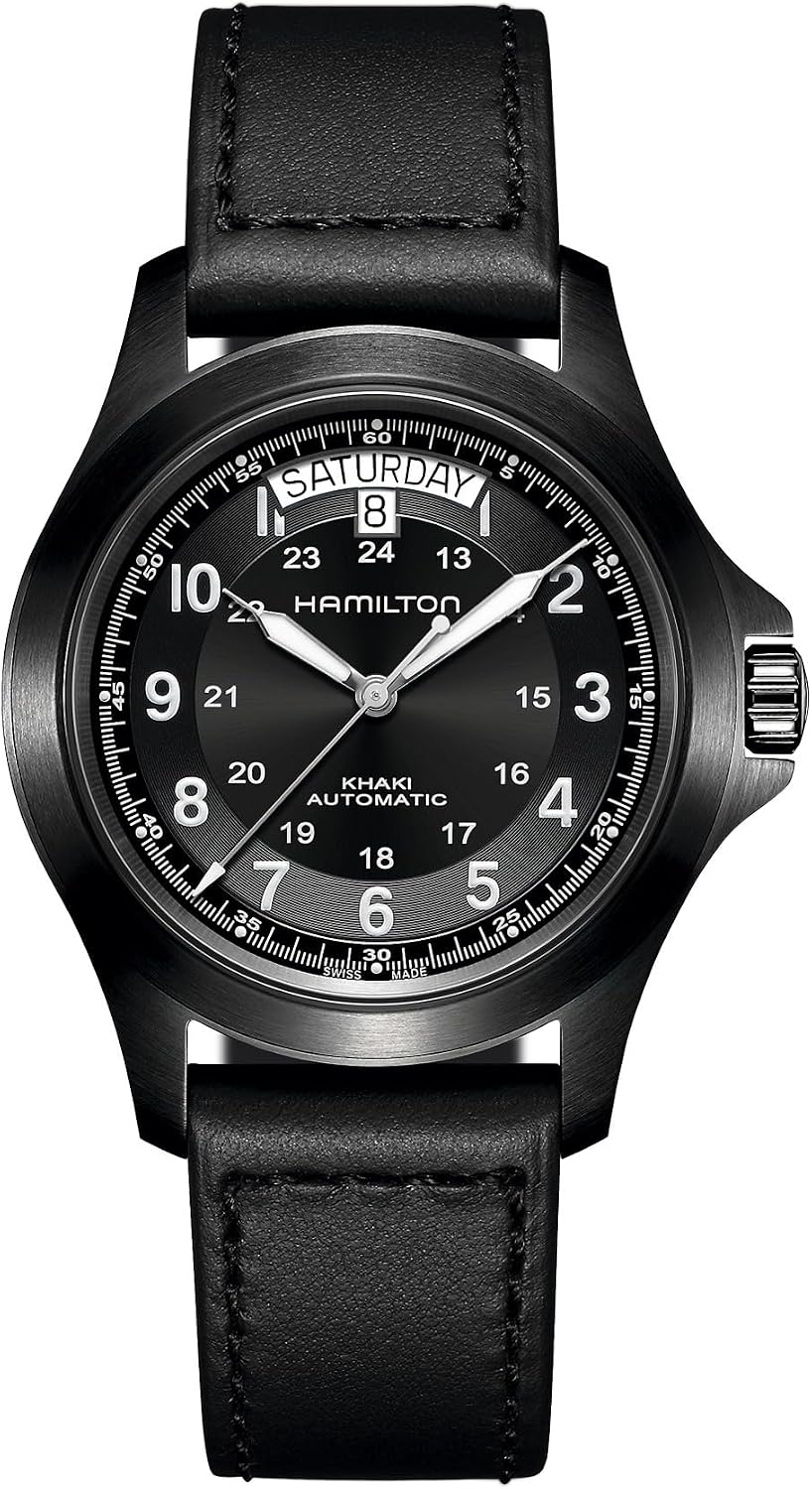 Hamilton H64465733 Mens Watch, Khaki, Field King, Auto, Mechanical Automatic, Dial color - black, 3 Hand Black PVD Watch