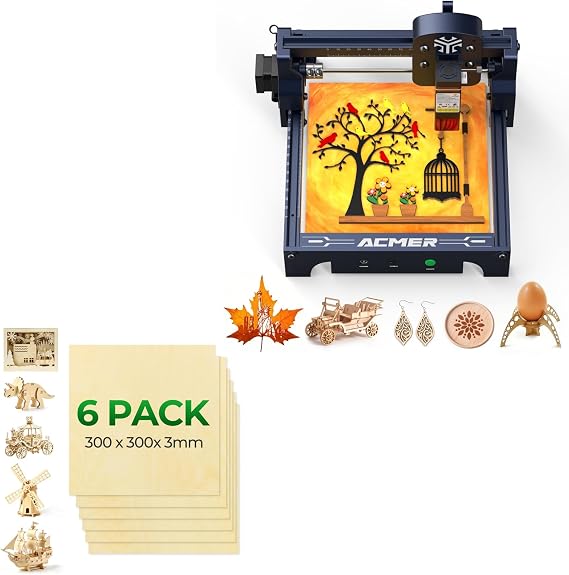 ACMER S1 6W Laser Engraver and Linden Wood Sheets 6 Pack