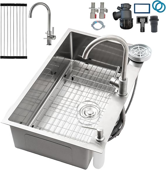 Large Stainless Steel Sink with Tap Hole Multifunctional Sink with Stainless Steel Grid 1 Basin Built-in Sink with Draining Rack Drain Fitting and Overflow Kit (Silver #2.85 x 50 cm)
