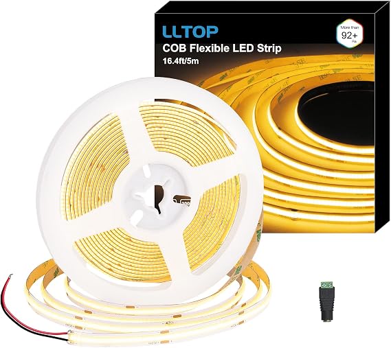 LLTOP COB LED Strip Lights Non-Waterproof 24VDC Warm White 3000K 16.4FT | CRI 92Ra+, Flexible LED Tape Lighting, DIY Cuttable, For Bedroom Kitchen Cabinet Shelf (Power Supply Not Included)