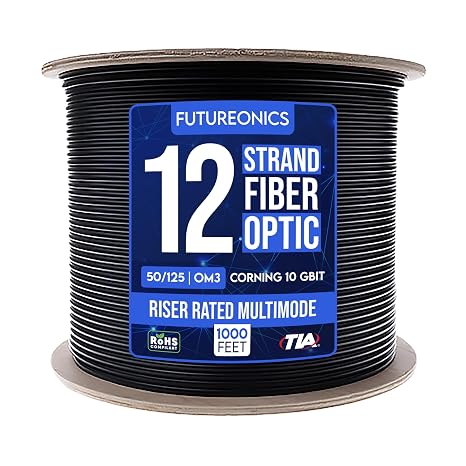 12 Fiber Indoor/Outdoor Fiber Optic Cable, Multimode 50/125, Corning Clear Curve OM3, 10 Gbit, Black, Riser Rated, Spool, 1000 Feet