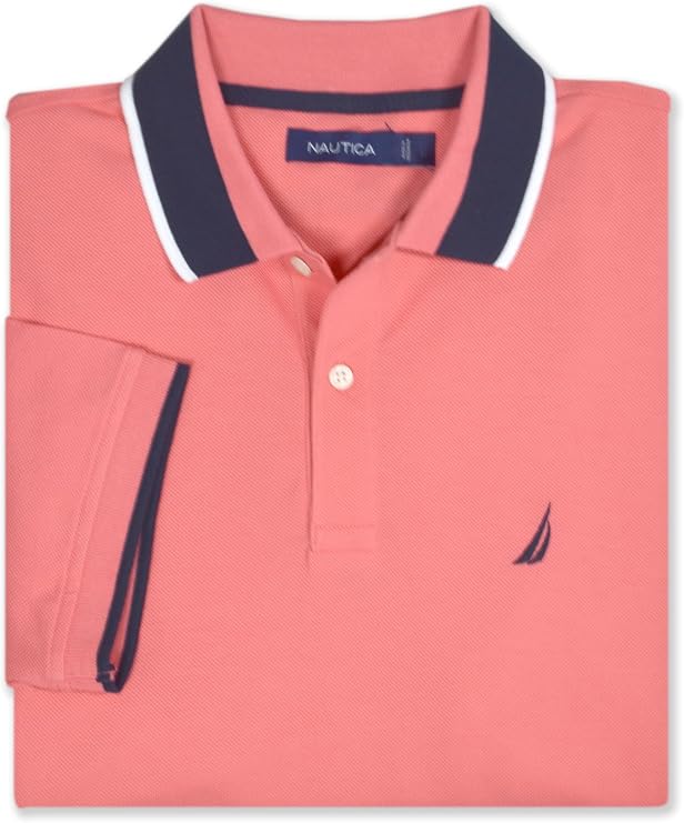 Nautica Men's Mesh Cotton Striped Collar Short Sleeve Polo Shirt, (Medium, Teaberry Pink/Navy/White)