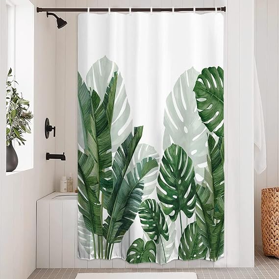 Baccessor Tropical Green Plant Shower Curtain Waterproof Washable Fabric Summer Bathroom Decor Botanical Banana Monstera Leaf Palm Tree Shower Curtain with Hooks 36 W X 72 L Inch